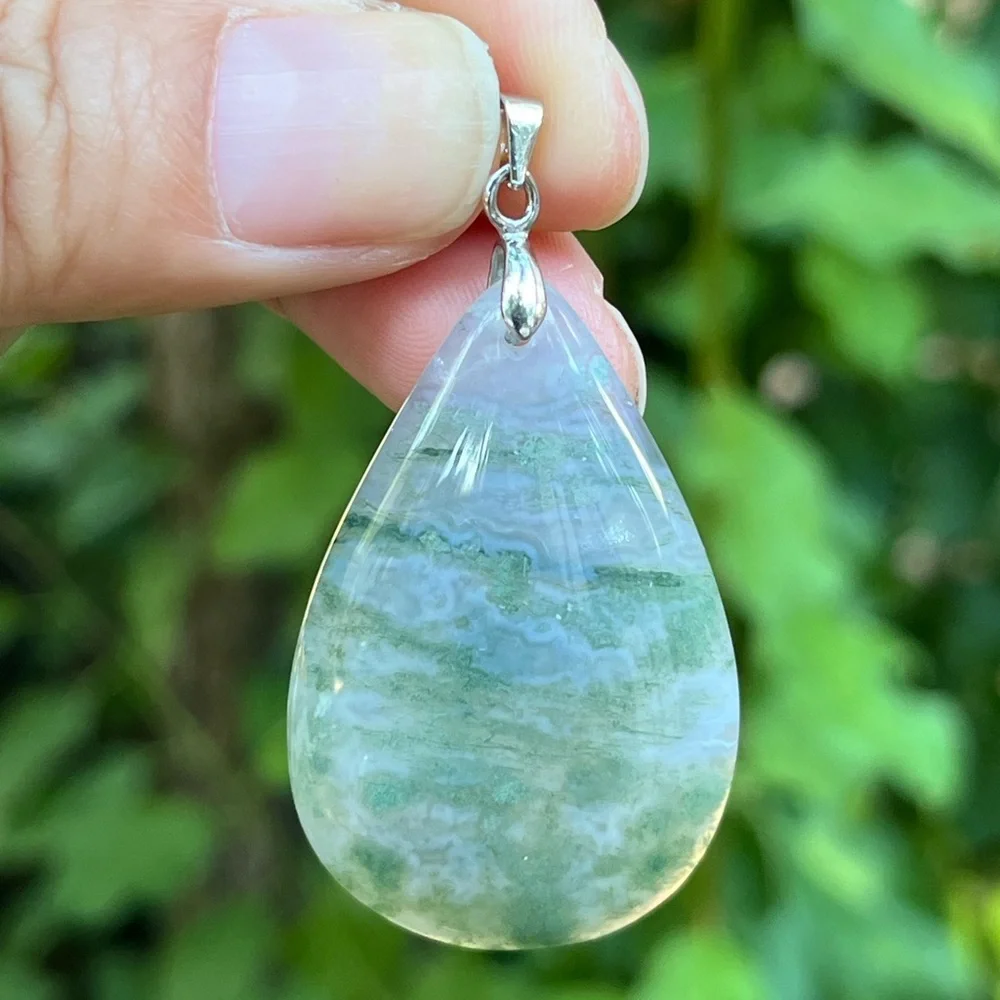 Sterling silver 925 stamped teardrop moss agate pendant‎